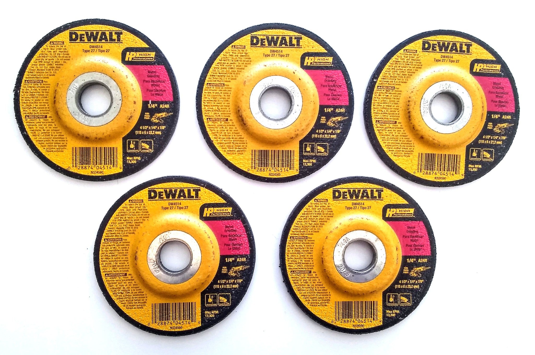 Dewalt DW4514 4-1/2" x 1/4" x 7/8" A24R Metal Grinding Wheel Type 27 Canada/5pc