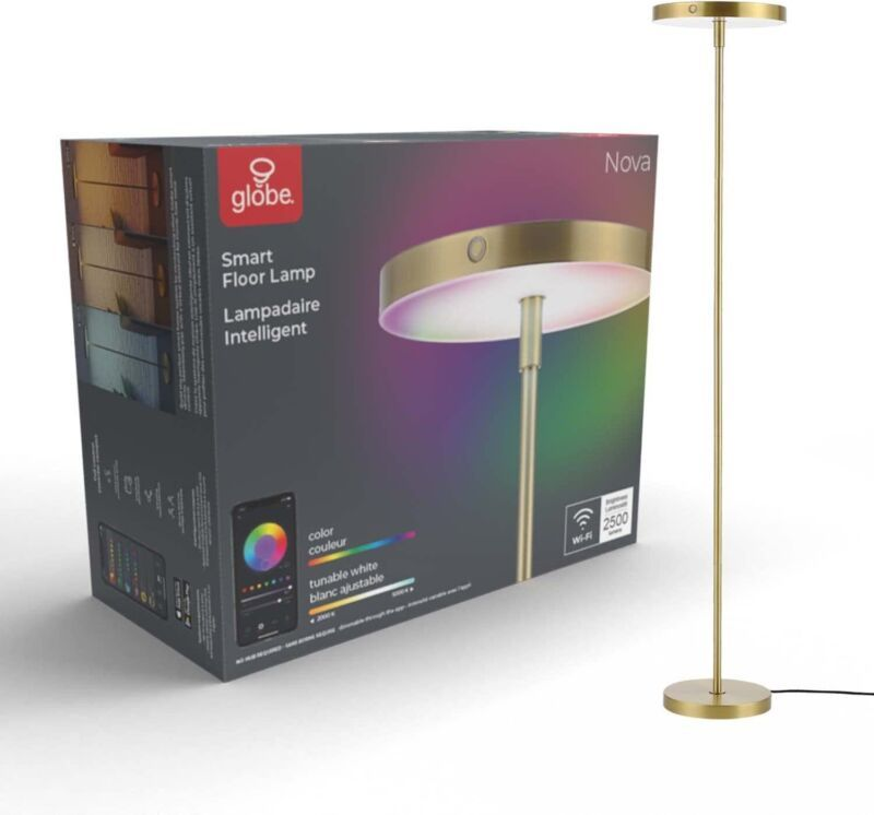 Globe Electric 65539 Wi-Fi Smart 63" Floor Lamp, Matte Brass, No Hub Required