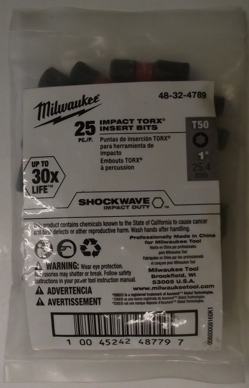 Milwaukee 48-32-4789 T50 Impact Torx Insert Bits 1" 25pk